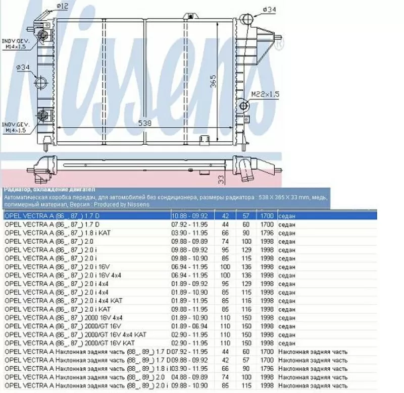 Радиатор  Opel Vectra A ( с АКПП) 1988 – 1995 гг.в. 2